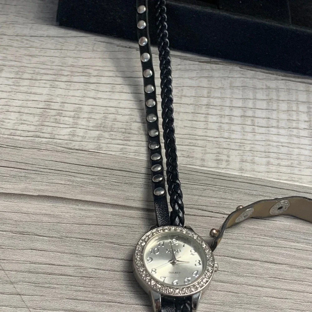 XOXO Womens Black Wrap Watch Rhinestone Bezel Studded Braided Band XO5636